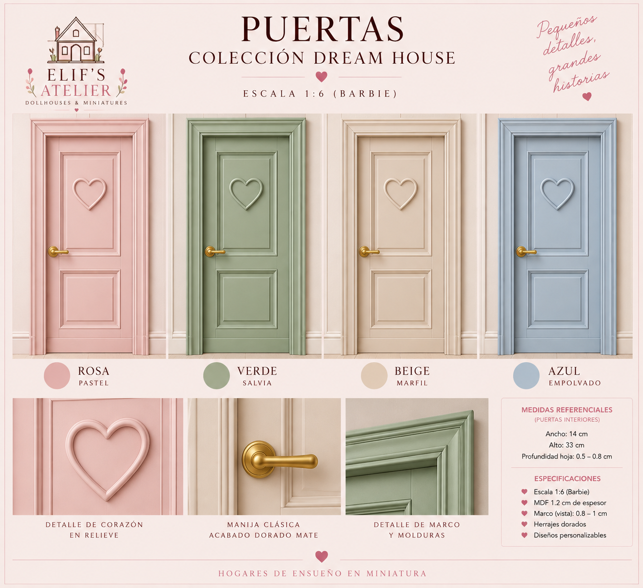 Puertas en rosa pastel, verde salvia, beige marfil y azul empolvado