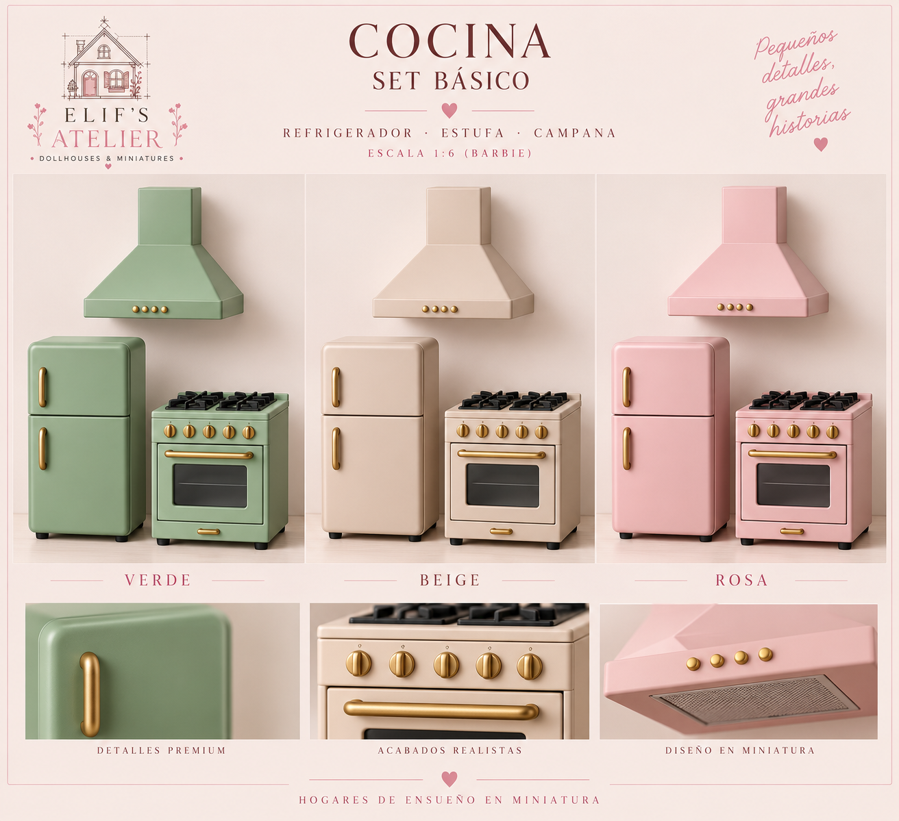 Los sets de cocina en verde, beige y rosa